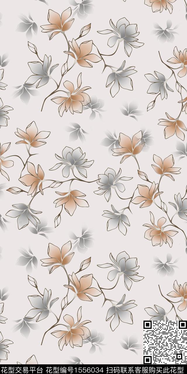 手绘花卉绿植树叶矢量数码印花花型下载（图片编号: 1556034） - 瓦栏（Walan）