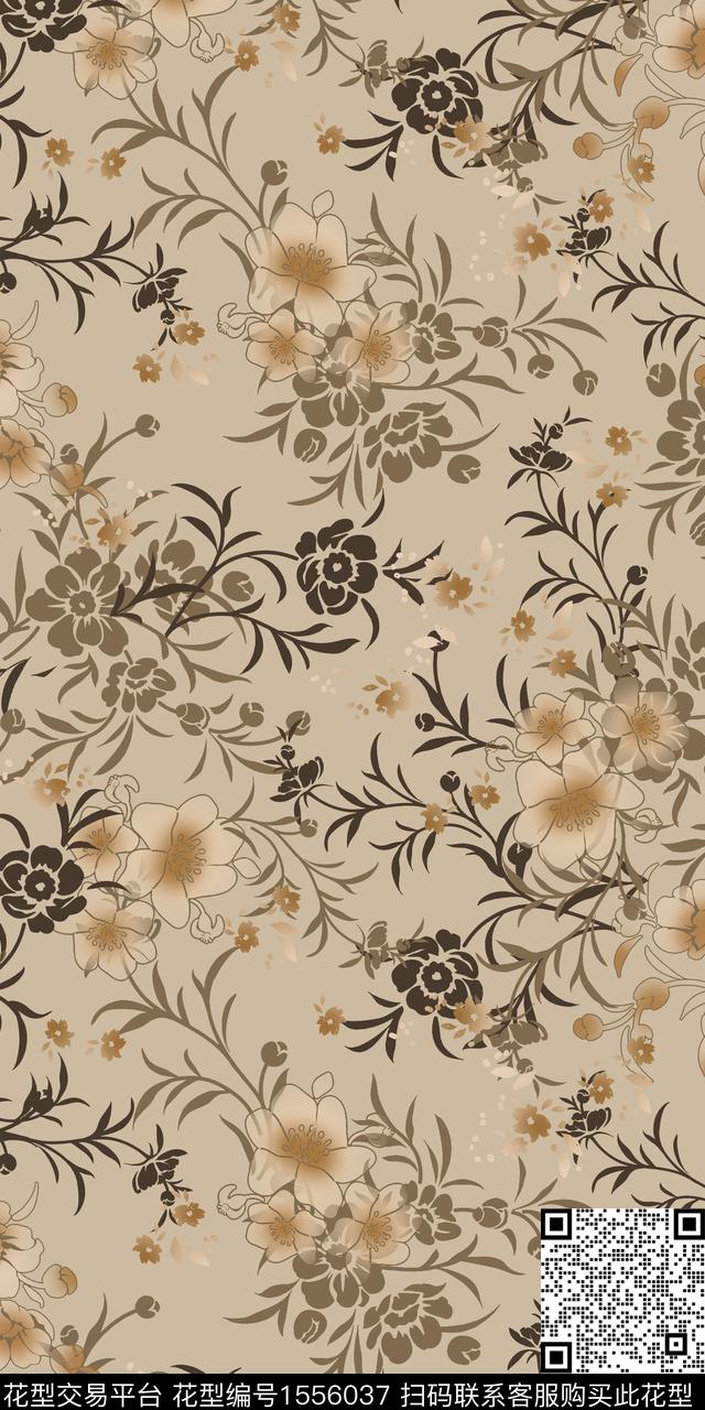 手绘花卉绿植树叶矢量数码印花花型下载（图片编号: 1556037） - 瓦栏（Walan）