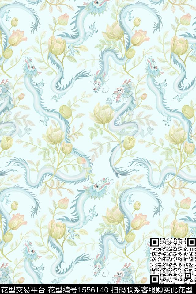 小青龙.jpg - 1556140 - 动物花卉 龙 国风 - 数码印花花型 － 女装花型设计 － 瓦栏