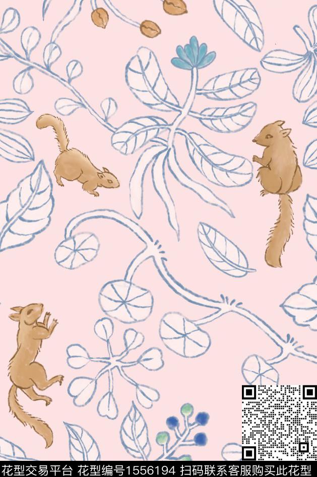 松鼠的森林.jpg - 1556194 - 松鼠 动物花卉 植物 - 数码印花花型 － 女装花型设计 － 瓦栏
