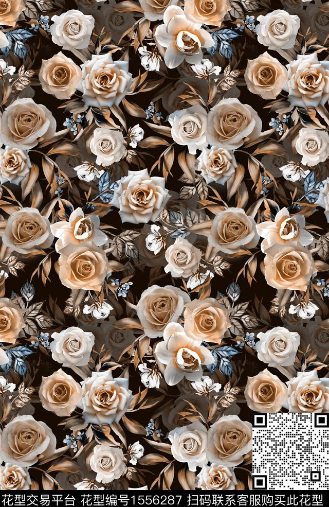 XZ5229.jpg - 1556287 - 满版散花 影花 黑底花卉 - 数码印花花型 － 女装花型设计 － 瓦栏