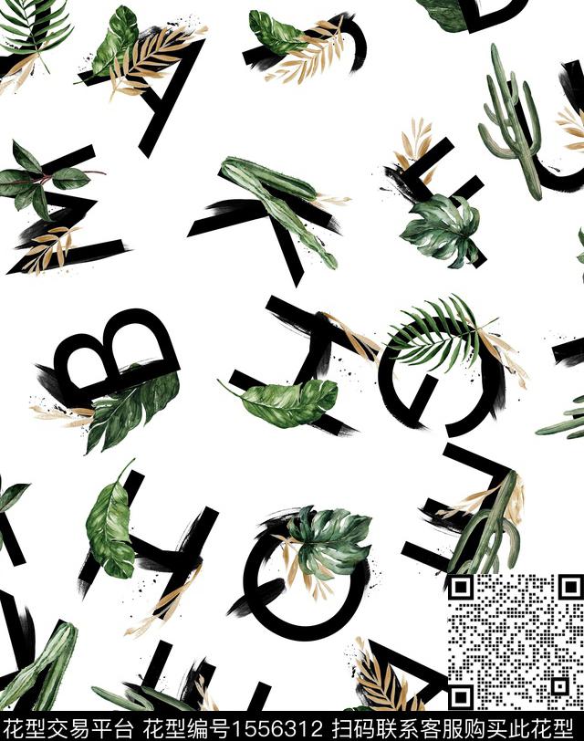 R1904068A.jpg - 1556312 - 字母 绿植树叶 ；tropical - 数码印花花型 － 男装花型设计 － 瓦栏