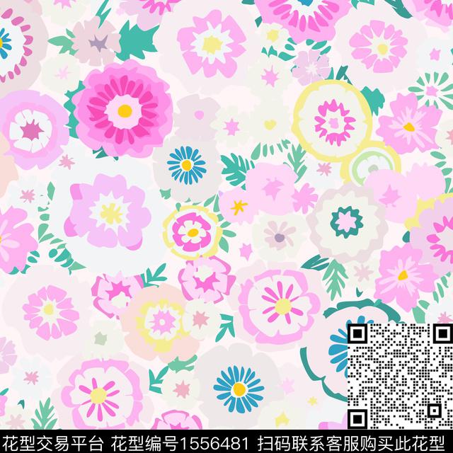 大花粉色花卉数码印花花型下载（图片编号: 1556481） - 瓦栏（Walan）