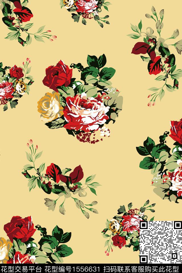 花卉.jpg - 1556631 - 色块 花卉 黄底 - 数码印花花型 － 女装花型设计 － 瓦栏