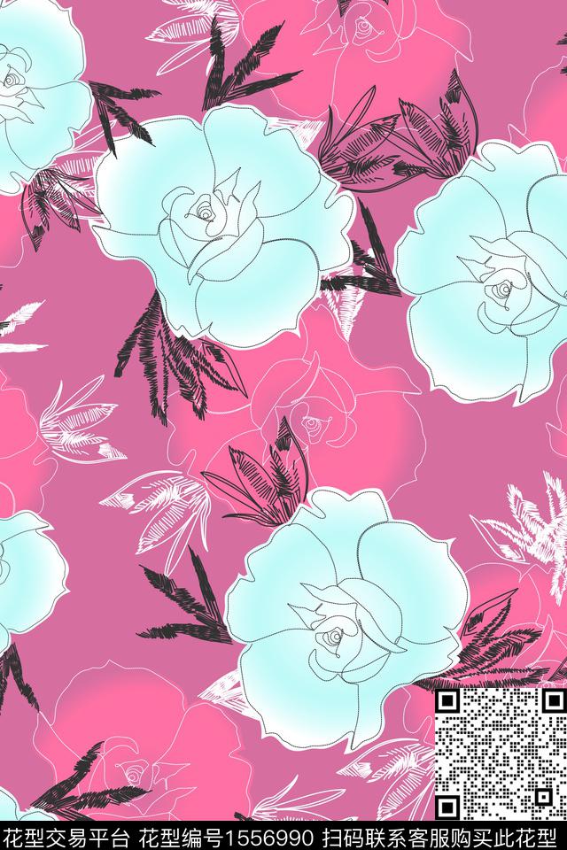 线条影花花卉数码印花花型下载（图片编号: 1556990） - 瓦栏（Walan）