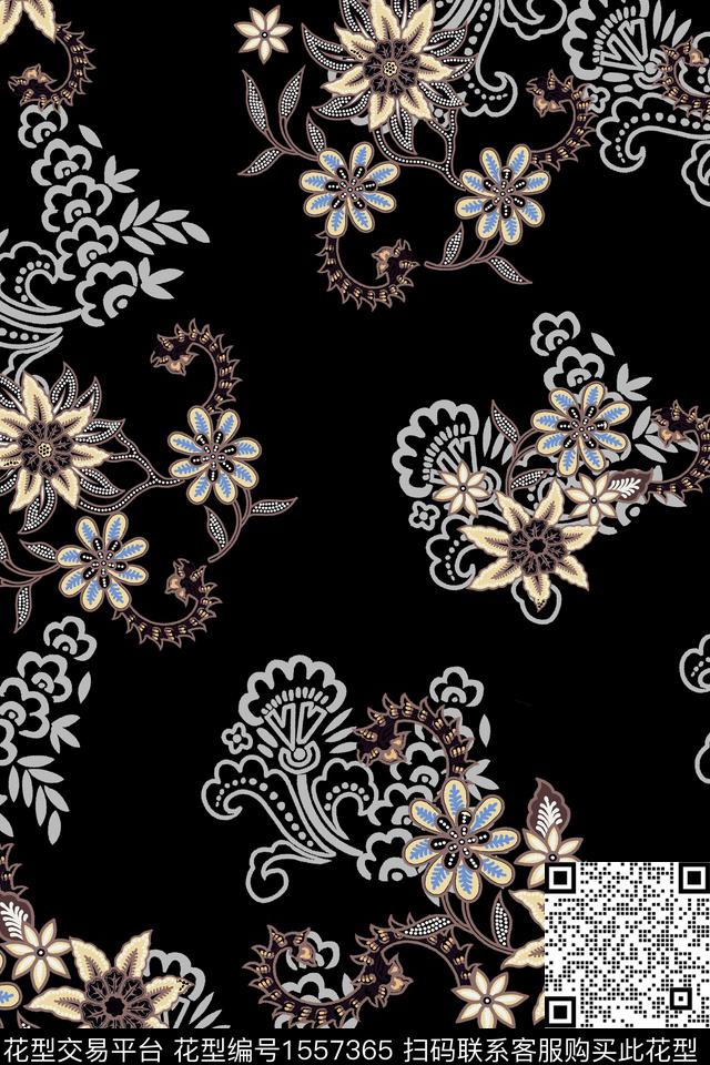 XZ5249.jpg - 1557365 - 古典花纹 黑底花卉 花卉 - 数码印花花型 － 女装花型设计 － 瓦栏