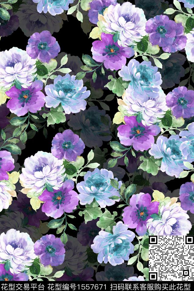 XZ5258.jpg - 1557671 - 水彩 花卉 黑底花卉 - 数码印花花型 － 女装花型设计 － 瓦栏