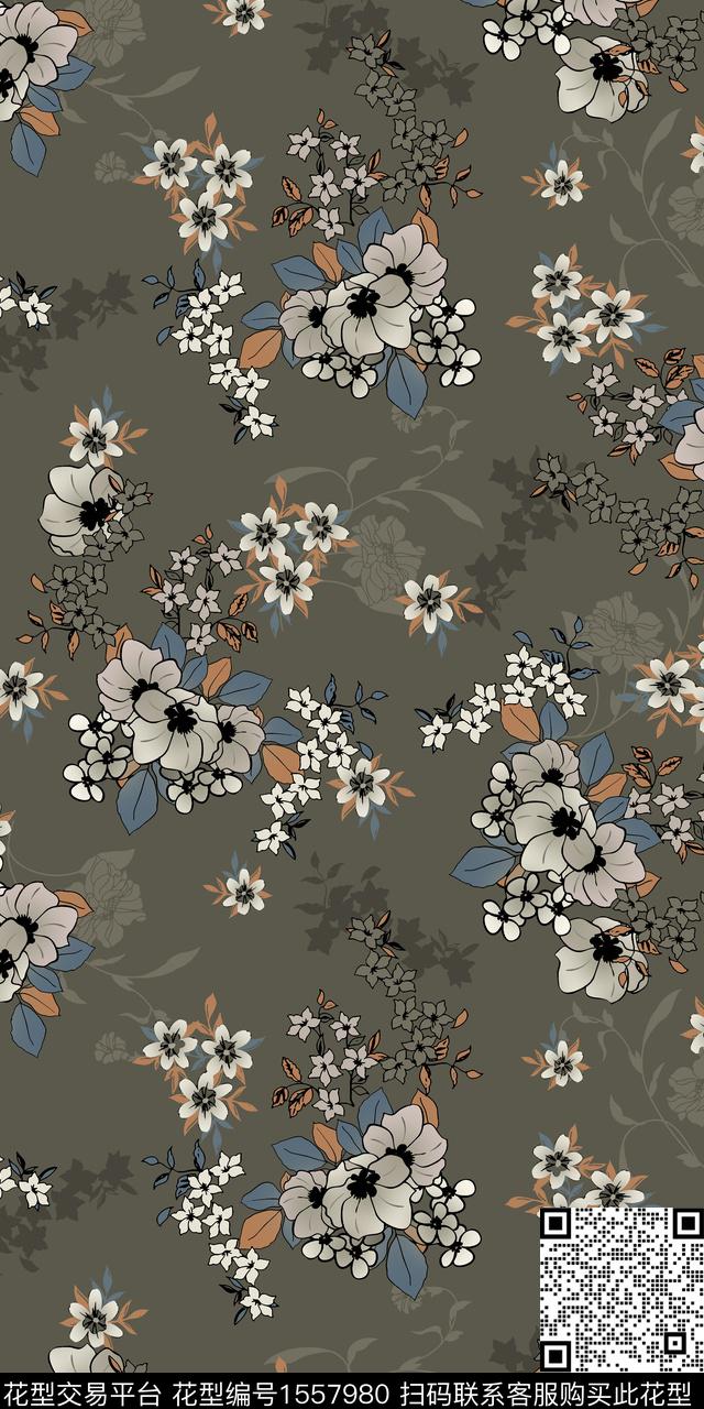 满版散花影花复古数码印花花型下载（图片编号: 1557980） - 瓦栏（Walan）