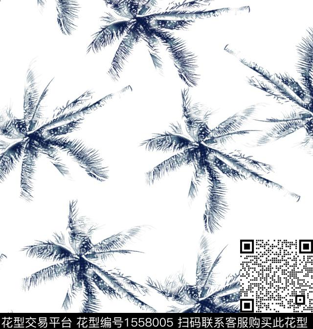 椰子树.jpg - 1558005 - 椰子树 热带 黑白花型 - 数码印花花型 － 男装花型设计 － 瓦栏