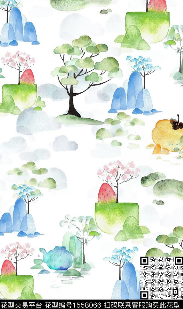 抽象风景树木数码印花花型下载（图片编号: 1558066） - 瓦栏（Walan）