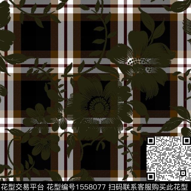 格子花卉暗色调数码印花花型下载（图片编号: 1558077） - 瓦栏（Walan）