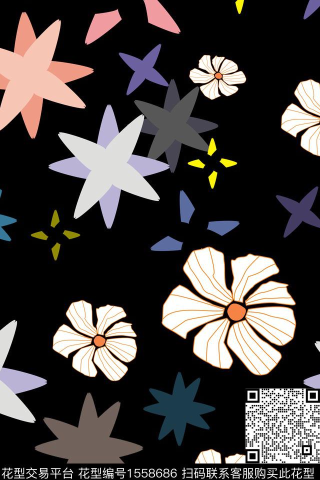 黑底花卉几何传统印花花型下载（图片编号: 1558686） - 瓦栏（Walan）