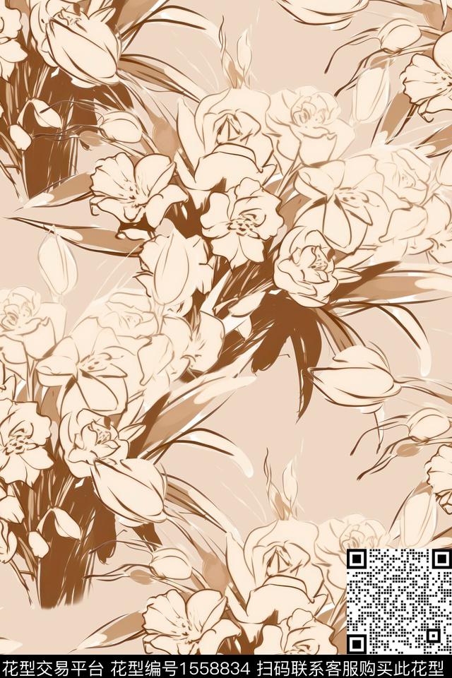 花卉女装线条花卉数码印花花型下载（图片编号: 1558834） - 瓦栏（Walan）