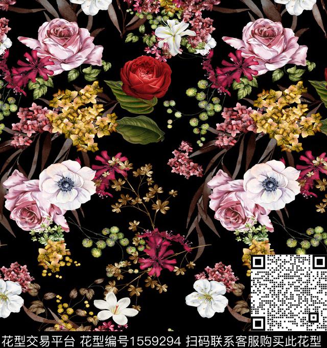 guan1220.jpg - 1559294 - 满版散花 复古 黑底花卉 - 数码印花花型 － 女装花型设计 － 瓦栏