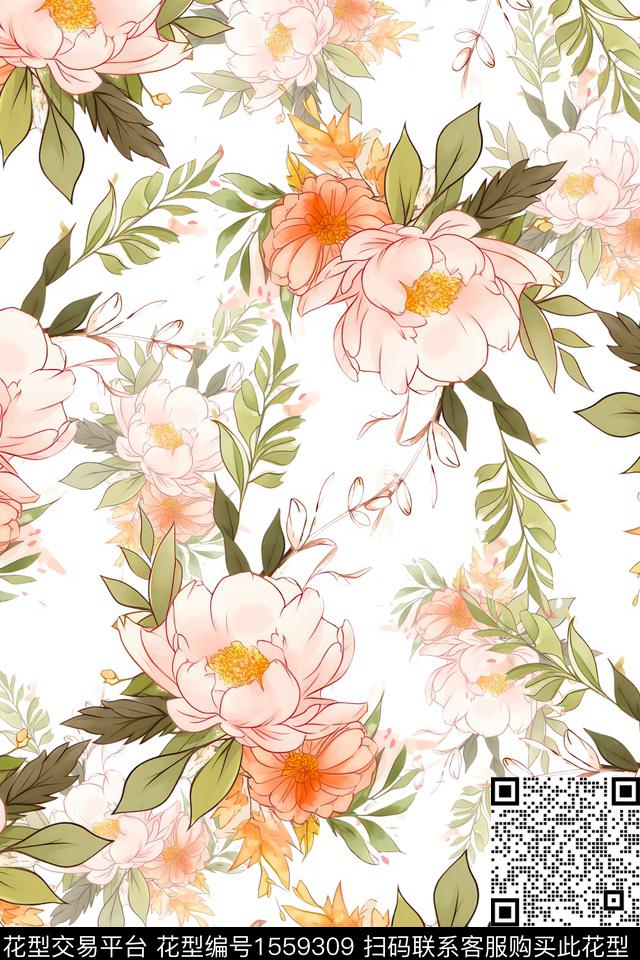 花卉女装清爽底花卉数码印花花型下载（图片编号: 1559309） - 瓦栏（Walan）