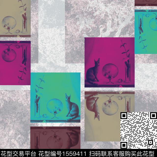 9910.jpg - 1559411 - 混合拼接 猫 条纹 - 数码印花花型 － 沙发布花型设计 － 瓦栏