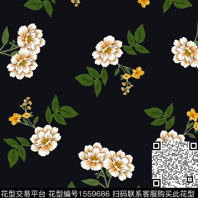 黑底花卉绿植树叶花卉数码印花花型下载（图片编号: 1559686） - 瓦栏（Walan）