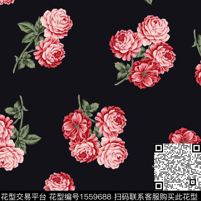 黑底花卉绿植树叶花卉数码印花花型下载（图片编号: 1559688） - 瓦栏（Walan）