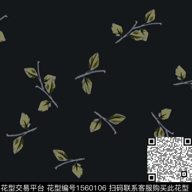 黑底花卉绿植树叶树枝数码印花花型下载（图片编号: 1560106） - 瓦栏（Walan）