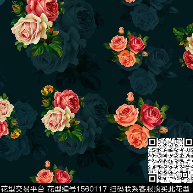 黑底花卉绿植树叶花卉数码印花花型下载（图片编号: 1560117） - 瓦栏（Walan）