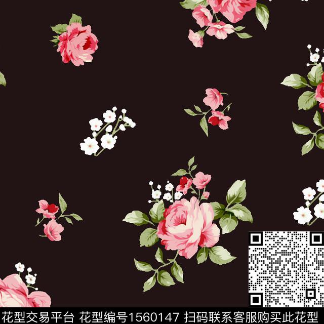 黑底花卉绿植树叶花卉数码印花花型下载（图片编号: 1560147） - 瓦栏（Walan）