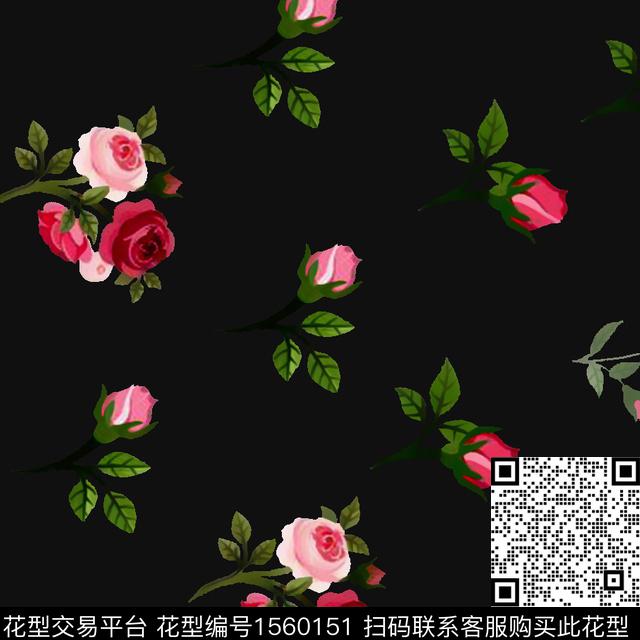 黑底花卉绿植树叶花卉数码印花花型下载（图片编号: 1560151） - 瓦栏（Walan）