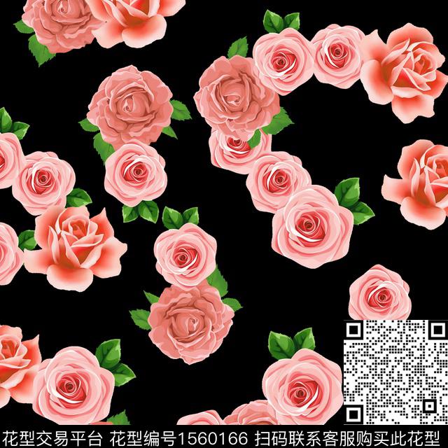 黑底花卉绿植树叶花卉数码印花花型下载（图片编号: 1560166） - 瓦栏（Walan）