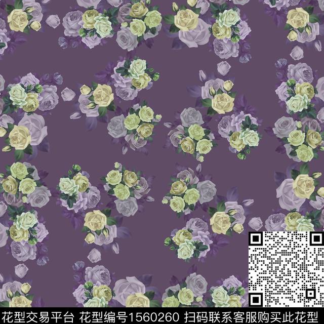 黑底花卉绿植树叶花卉数码印花花型下载（图片编号: 1560260） - 瓦栏（Walan）