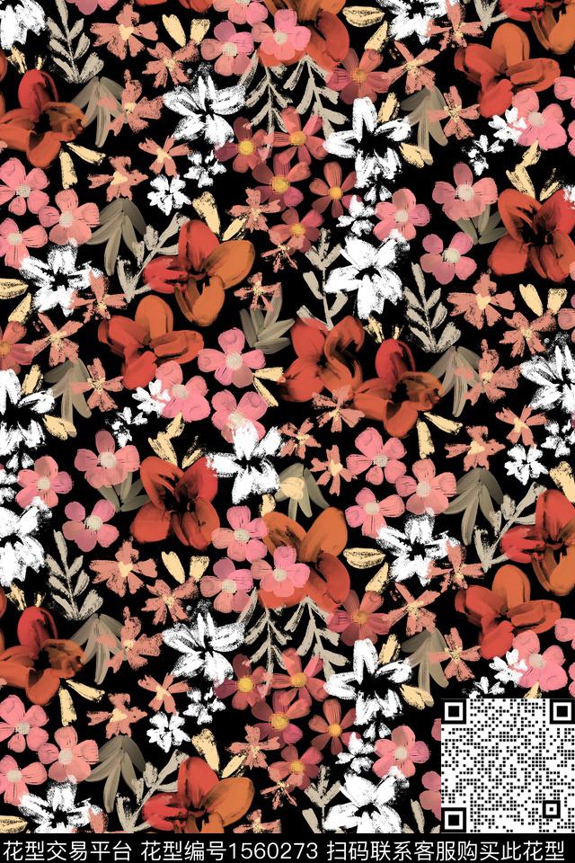 黑底花卉小碎花水彩数码印花花型下载（图片编号: 1560273） - 瓦栏（Walan）