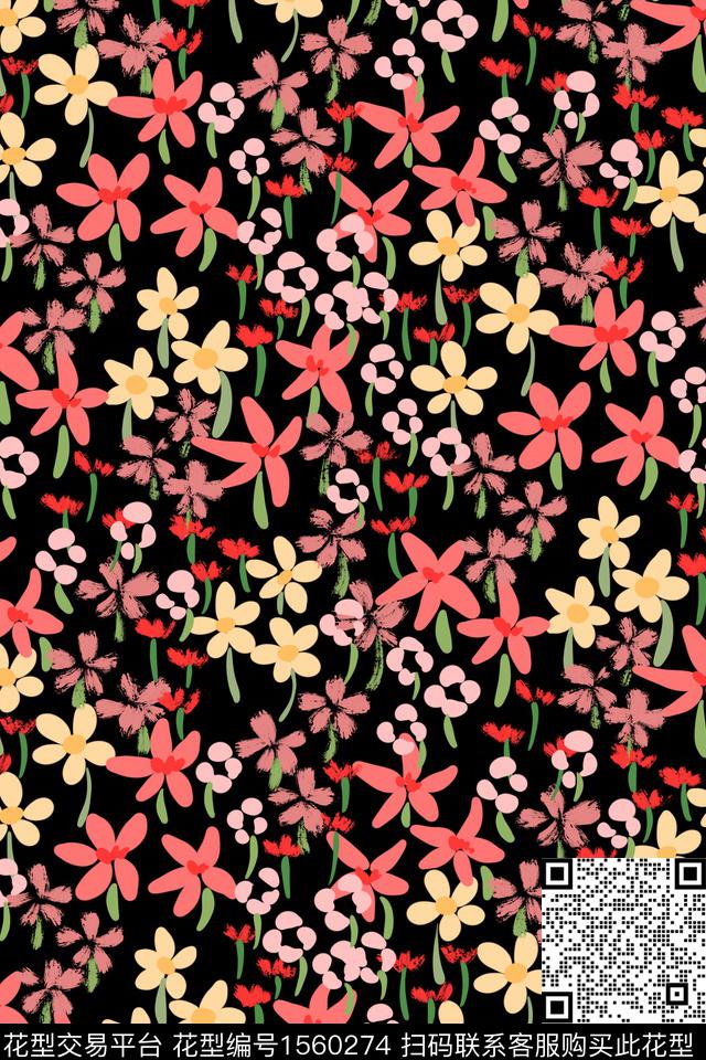 黑底花卉小碎花笔触数码印花花型下载（图片编号: 1560274） - 瓦栏（Walan）