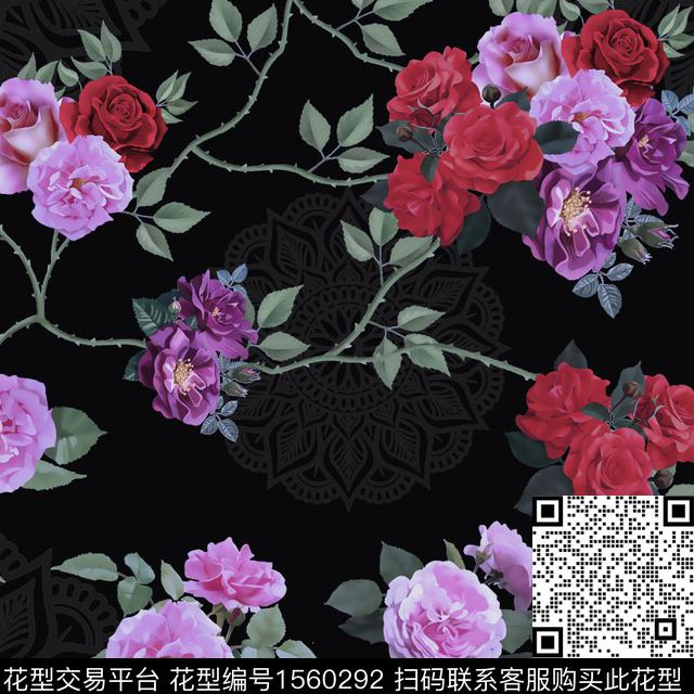 黑底花卉绿植树叶花卉数码印花花型下载（图片编号: 1560292） - 瓦栏（Walan）