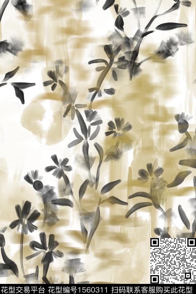 侘寂花卉水彩数码印花花型下载（图片编号: 1560311） - 瓦栏（Walan）
