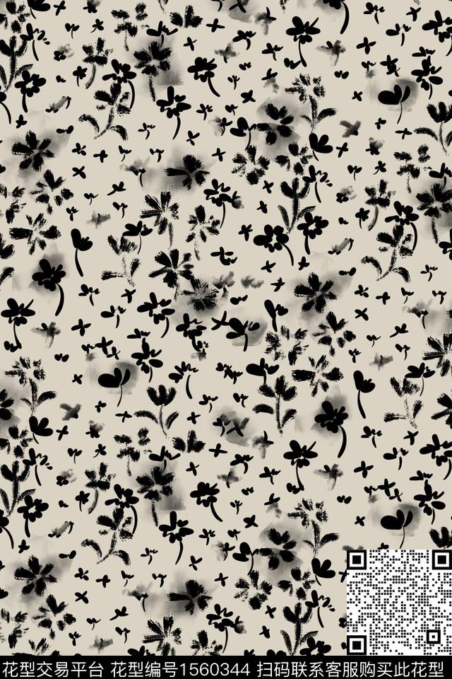 小碎花手绘花卉黑白花型数码印花花型下载（图片编号: 1560344） - 瓦栏（Walan）