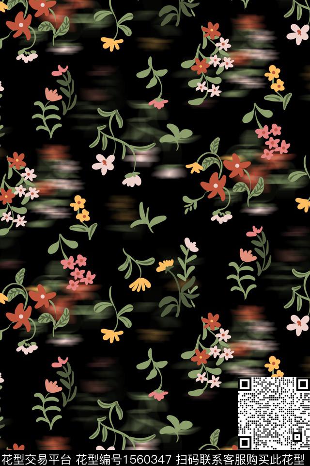 黑底花卉小碎花朦胧花卉数码印花花型下载（图片编号: 1560347） - 瓦栏（Walan）