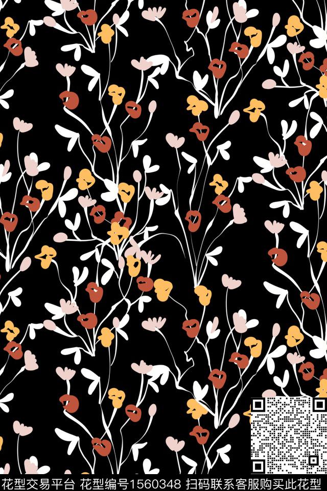 黑底花卉小碎花淑女数码印花花型下载（图片编号: 1560348） - 瓦栏（Walan）