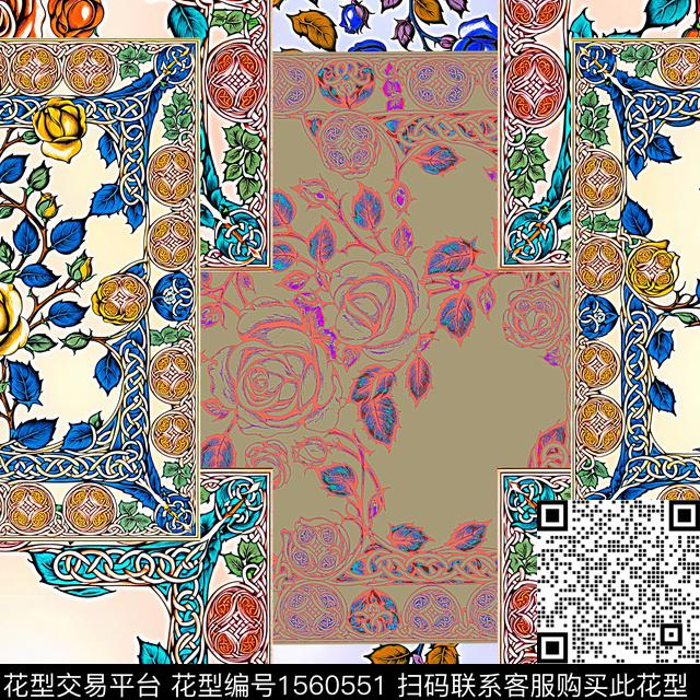 11130.jpg - 1560551 - 花卉 方框 方巾 - 数码印花花型 － 女装花型设计 － 瓦栏