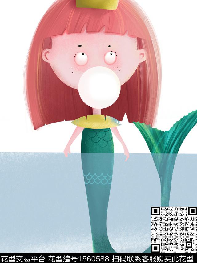 小鱼吐泡泡.jpg - 1560588 - 插画 美人鱼 趣味 - 数码印花花型 － 童装花型设计 － 瓦栏