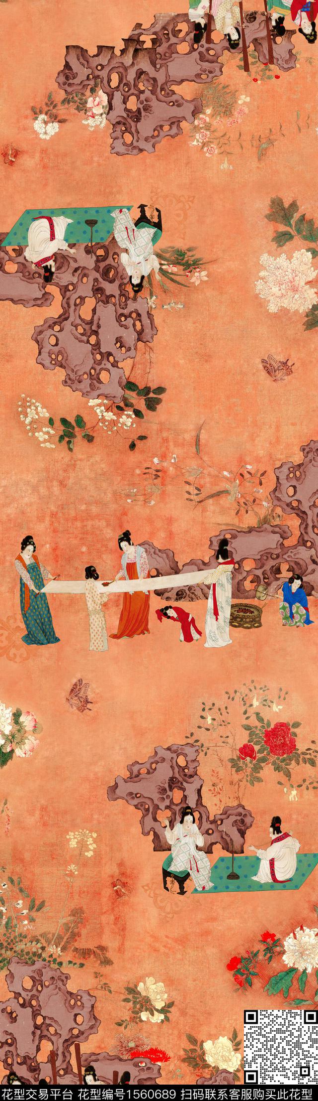 长巾7.jpg - 1560689 - 人物 复古 中国风 - 数码印花花型 － 长巾花型设计 － 瓦栏