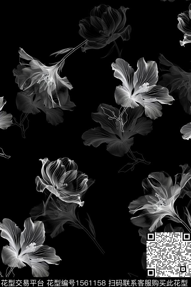 XZ5373.jpg - 1561158 - 影花 花卉 黑底花卉 - 数码印花花型 － 女装花型设计 － 瓦栏