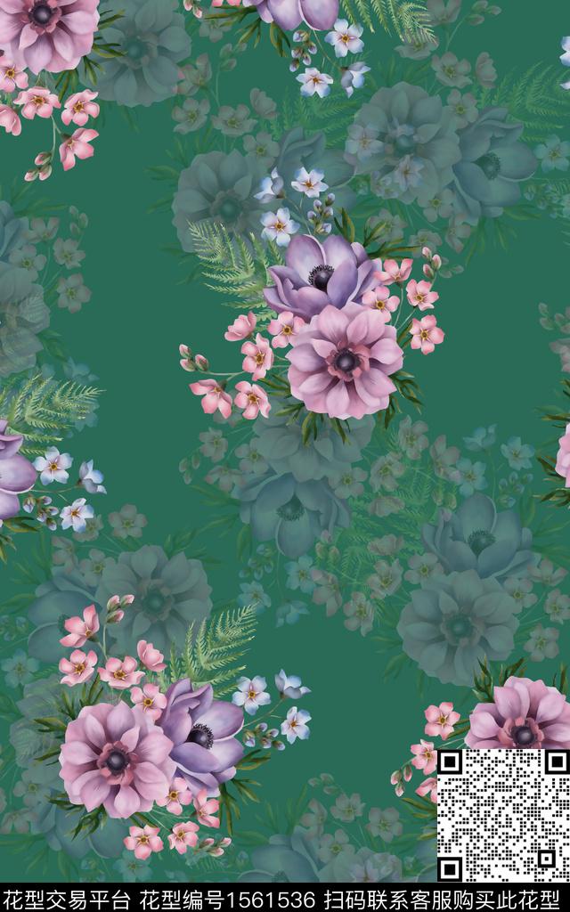 花卉影花水彩数码印花花型下载（图片编号: 1561536） - 瓦栏（Walan）