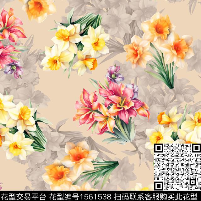 花卉影花水彩数码印花花型下载（图片编号: 1561538） - 瓦栏（Walan）