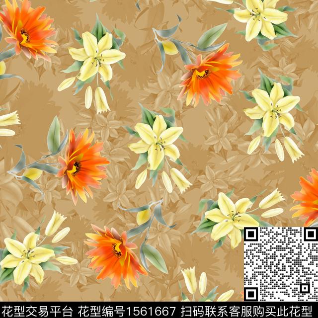 花卉满版散花影花数码印花花型下载（图片编号: 1561667） - 瓦栏（Walan）