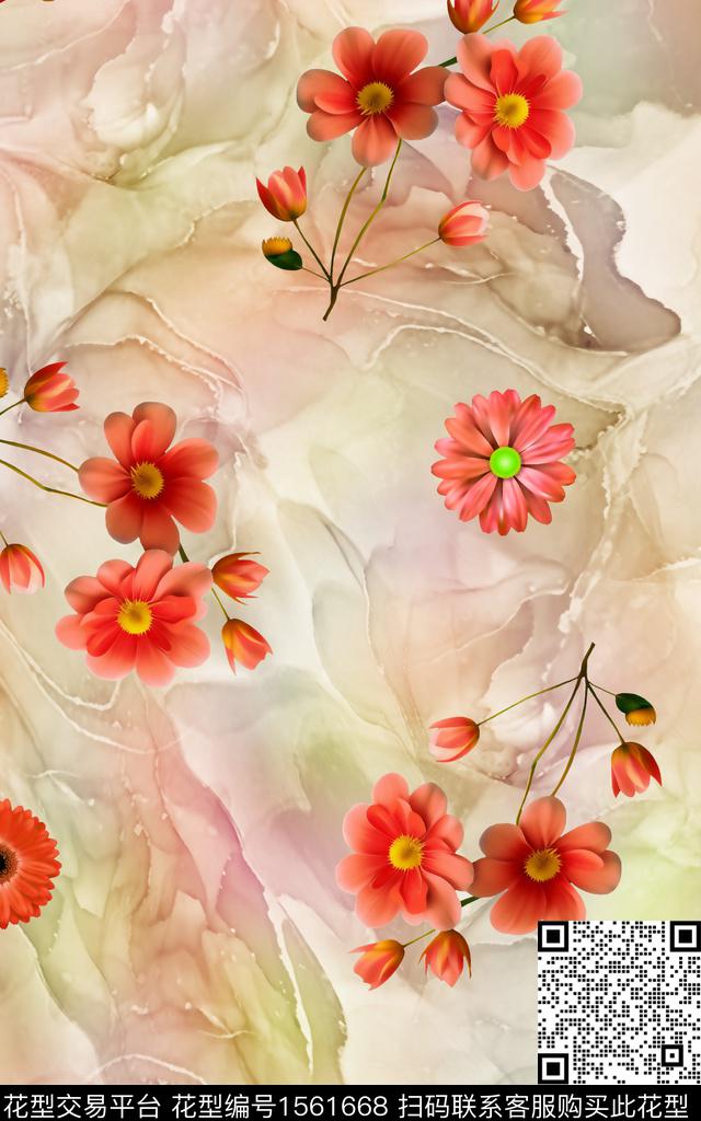 底纹花卉水彩数码印花花型下载（图片编号: 1561668） - 瓦栏（Walan）