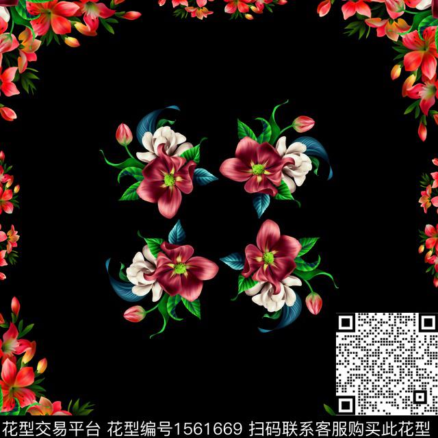 花卉定位方巾数码印花花型下载（图片编号: 1561669） - 瓦栏（Walan）