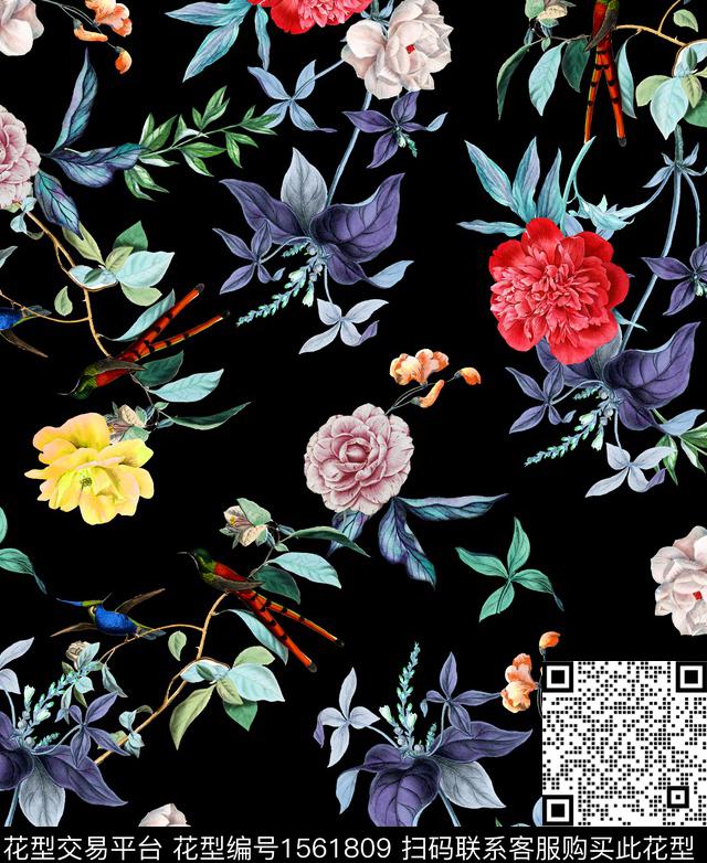 guan1227.jpg - 1561809 - 满版散花 花卉 黑底花卉 - 数码印花花型 － 女装花型设计 － 瓦栏