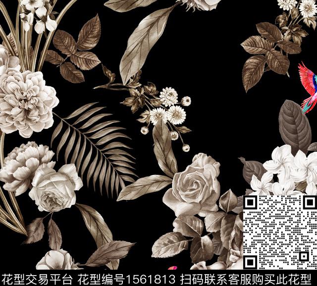 guan1228.jpg - 1561813 - 花卉 水彩 黑底花卉 - 数码印花花型 － 女装花型设计 － 瓦栏