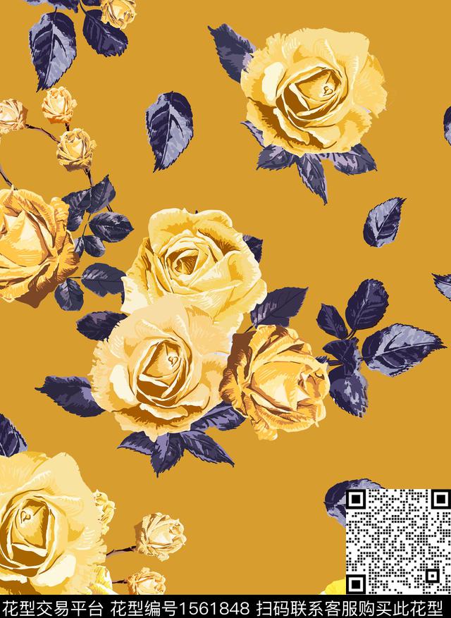 guan1230.jpg - 1561848 - 花卉 水彩 土黄底 - 传统印花花型 － 女装花型设计 － 瓦栏
