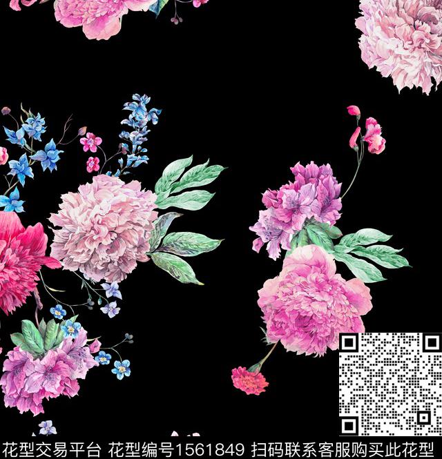 guan1231.jpg - 1561849 - 花卉 水彩 黑底花卉 - 数码印花花型 － 女装花型设计 － 瓦栏