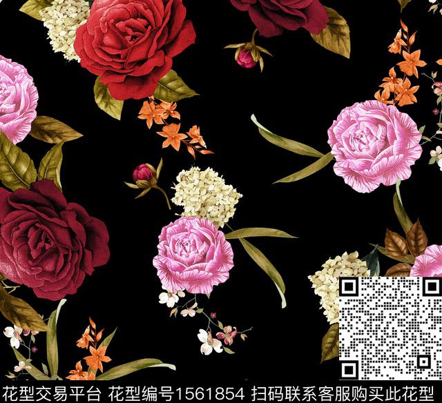 guan1232.jpg - 1561854 - 花卉 水彩 黑底花卉 - 数码印花花型 － 女装花型设计 － 瓦栏