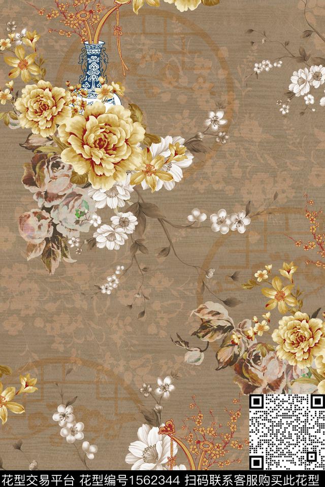 花卉中国风花瓶数码印花花型下载（图片编号: 1562344） - 瓦栏（Walan）